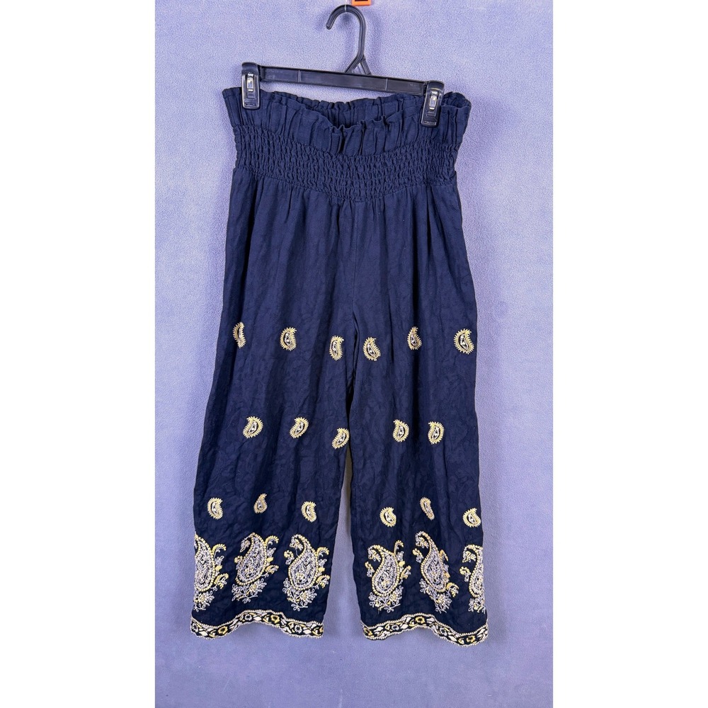 Anthropologie Pants Women S Wide Leg Paisley Embroidered Smocked Waist Gaucho
